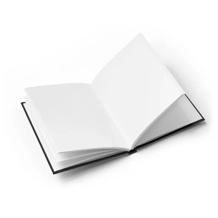 an open journal with blank pages on a white background