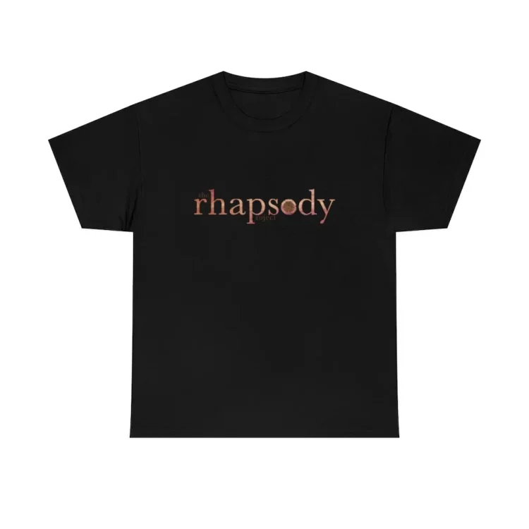 black unisex heavy cotton tee with the rhapsody project logo