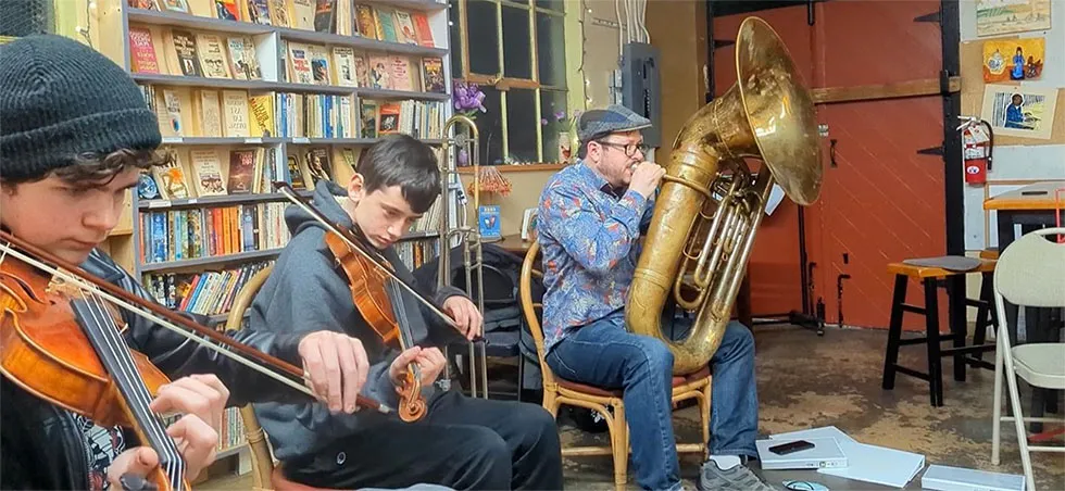 klezmer jam instrument playing in library