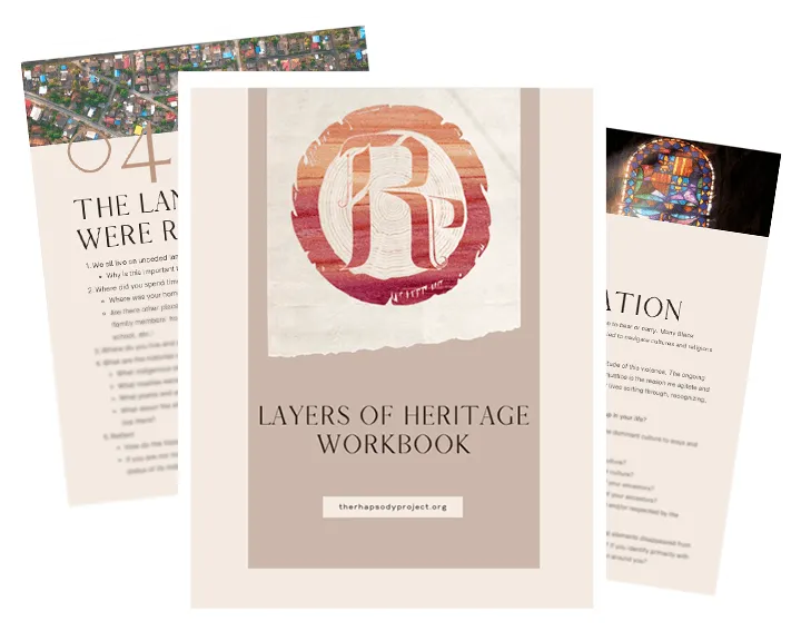 three pages of the layers of heritage workbook in collage