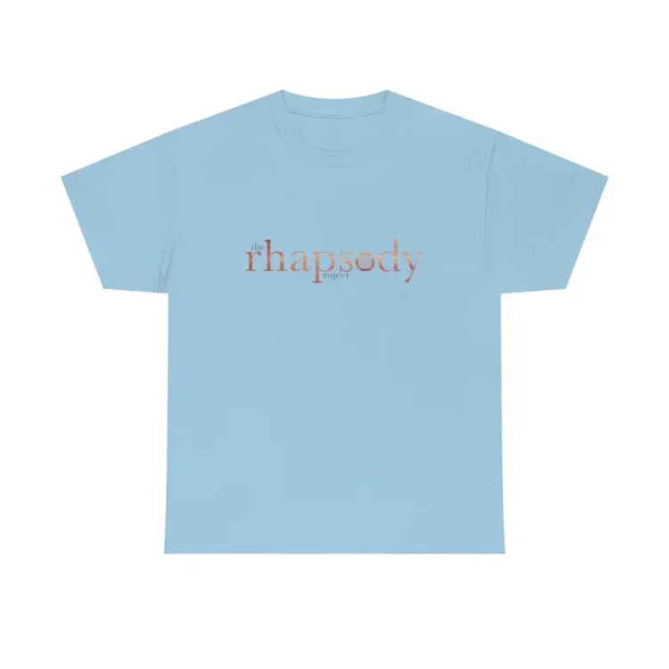light blue unisex cotton tee with the rhapsody project logo