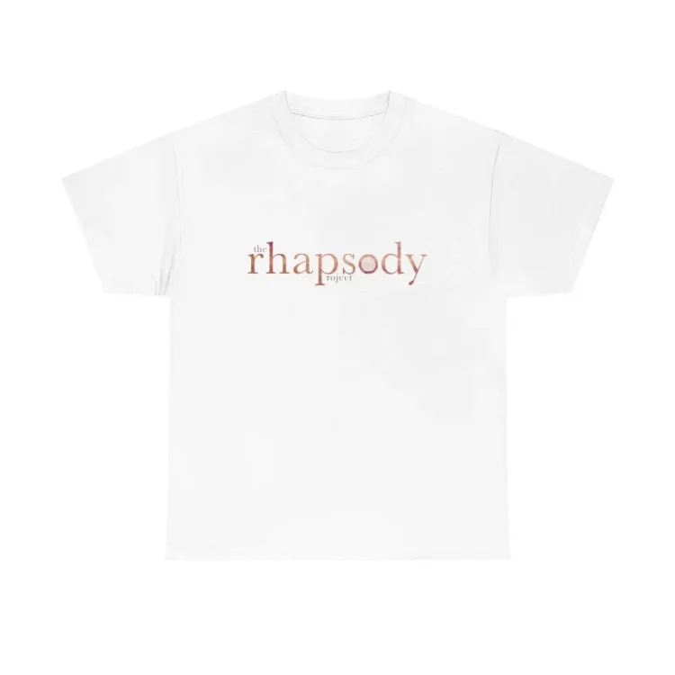 white unisex heavy cotton tee with the rhapsody project logo