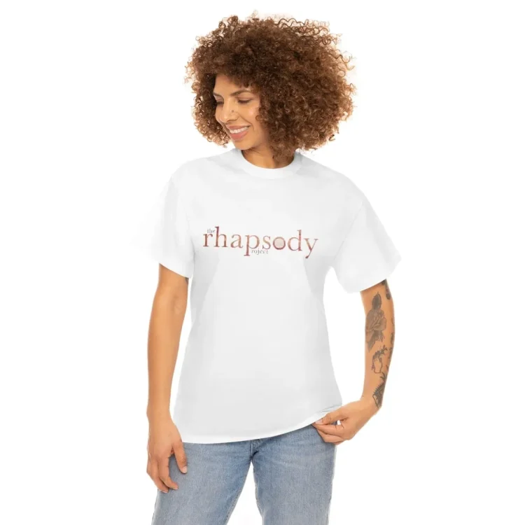 woman wearing unisex heavy cotton tee with logo