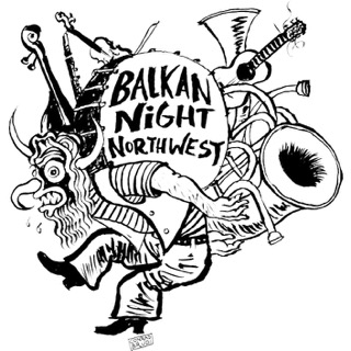 Black and White illustration of Balkan Night Northwest written on a drum that's on the back of a being carrying many instruments